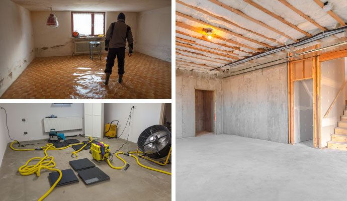 Collage of flooded basement restoration process