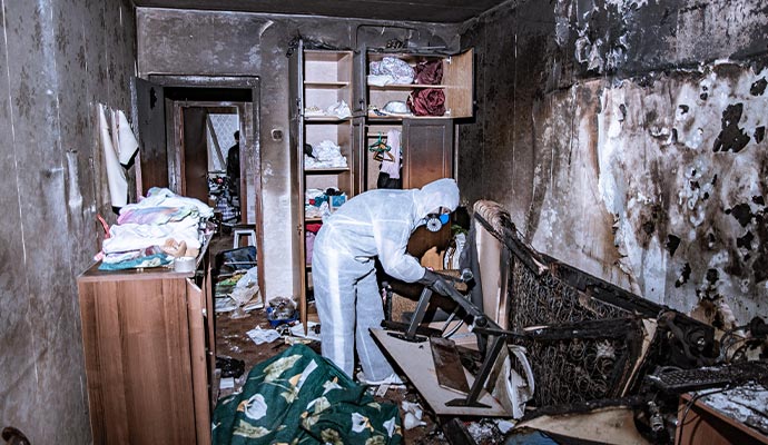 A person cleaning a fire damaged kitchen