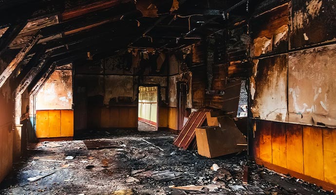 A room severely damaged by smoke