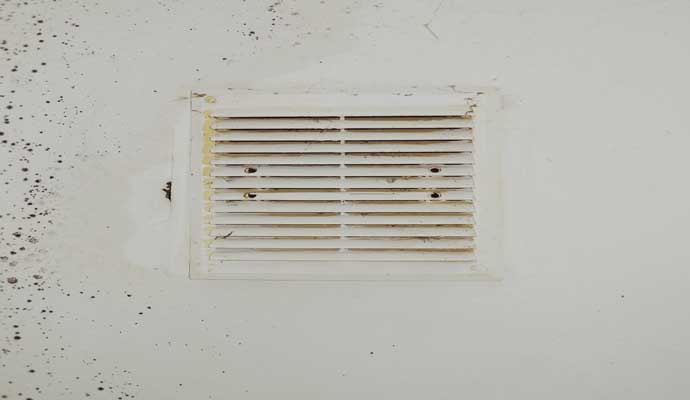 A dirty vent on a wall with mold growth around it