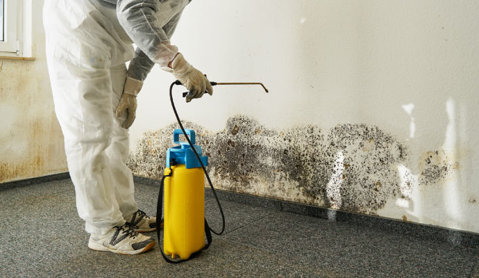 Person cleaning mold with equipment