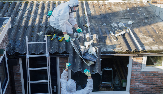 Professional asbestos removal service Professional workers safely removing damaged asbestos material