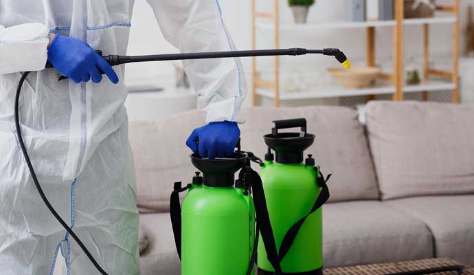 A person using a pest control sprayer inside a home