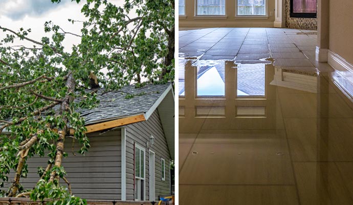 A house with a fallen tree on its roof and a flooded room