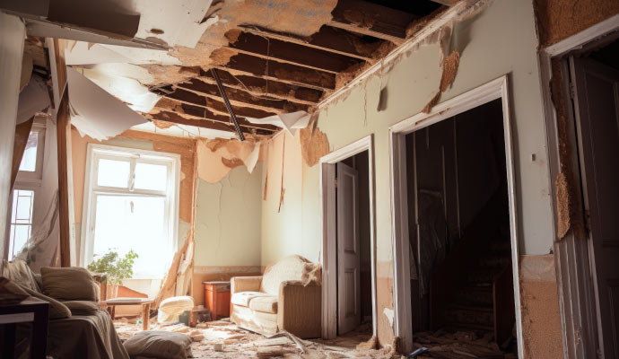 A living room with severe structural damage