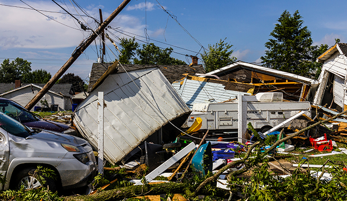 Residential property damage after tornado Severe residential property damage after heavy tornado
