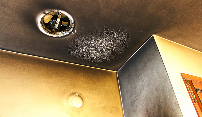 Visible soot damage on ceiling Ceiling with visible soot damage after fire
