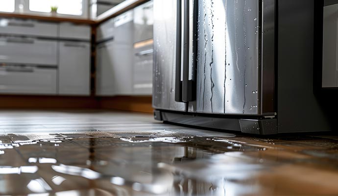 Refrigerator with visible leaked water in floor