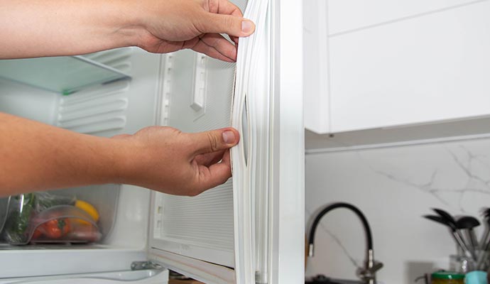 Close-up view of worn-out door gasket refrigerator