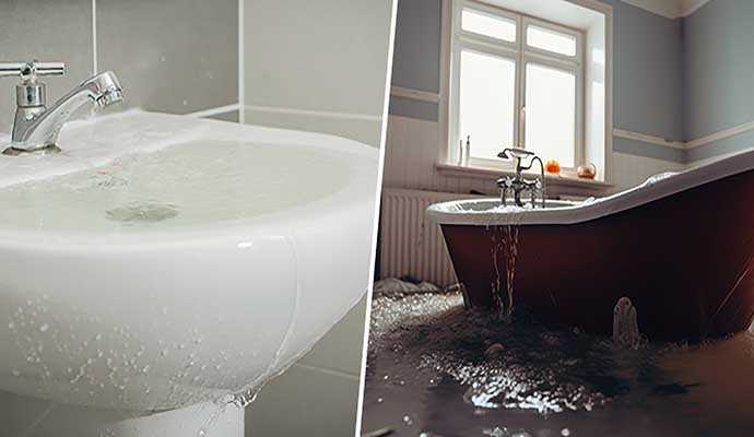 Collage of bathroom sink and shower tub overflow