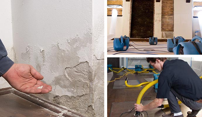 Collage of water damage restoration process