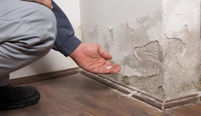 A person inspecting a damaged wall