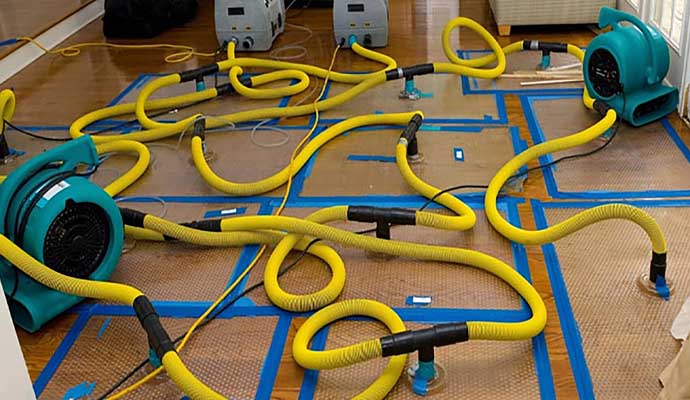 Restoring water damaged floor with professional equipment