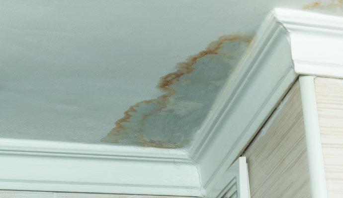 Water damage stain on a ceiling in the corner of a room